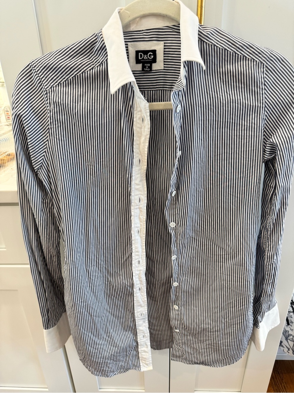 D&G Black & White Striped Button-Down Shirt with White Collar